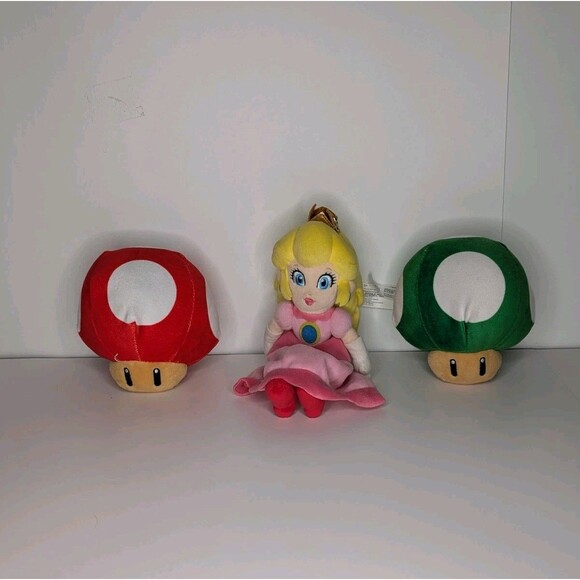 Set 3 Super Mario Nintendo Princess Peach & 2 Mushroom Plush - Picture 1 of 14
